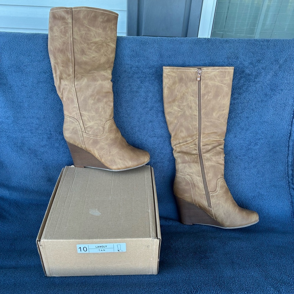 Tan Wedge Knee-High Boots